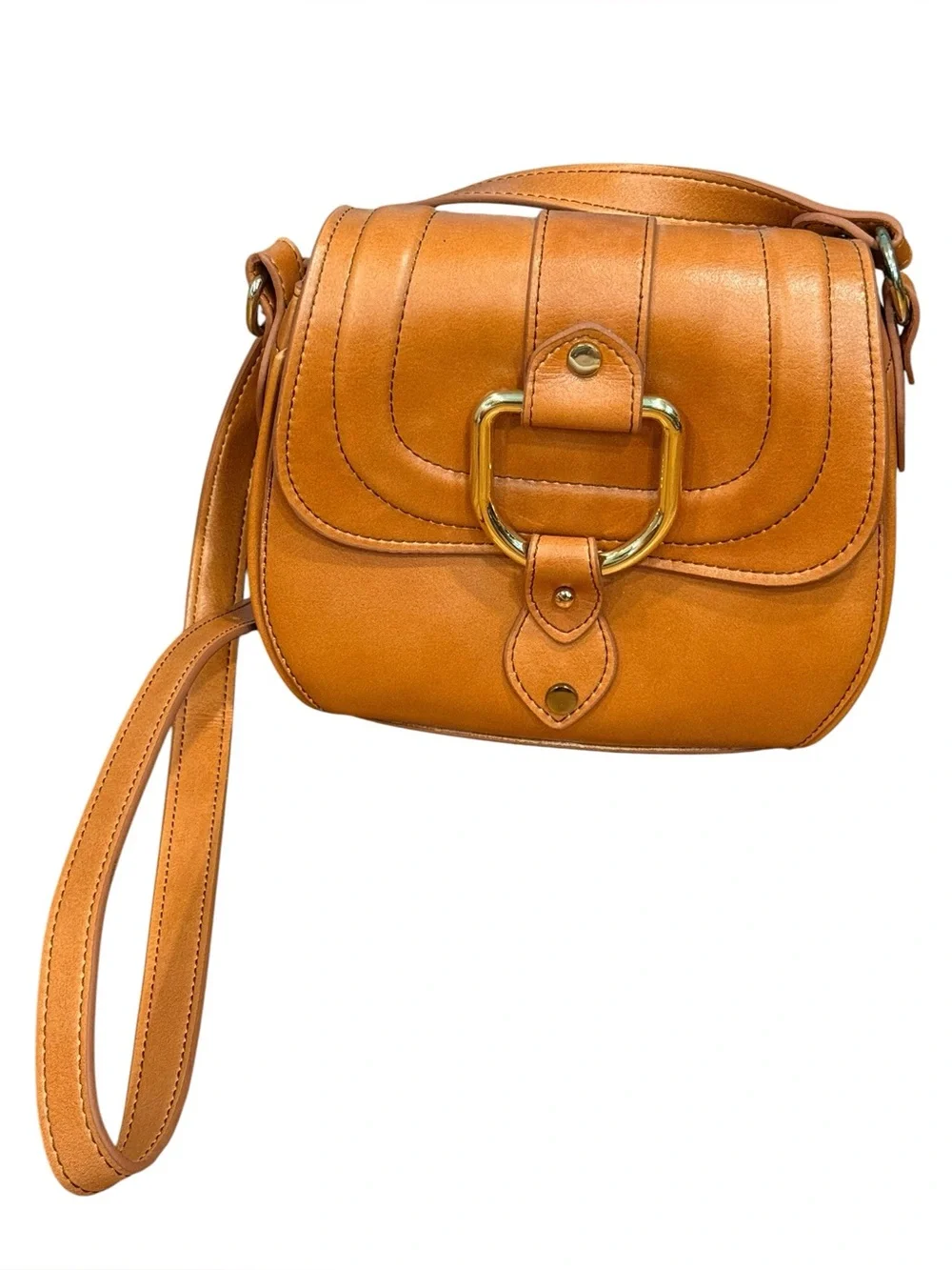 Abercrombie & Fitch Cognac Faux Leather Small Saddle Bag Crossbody Gold Ring